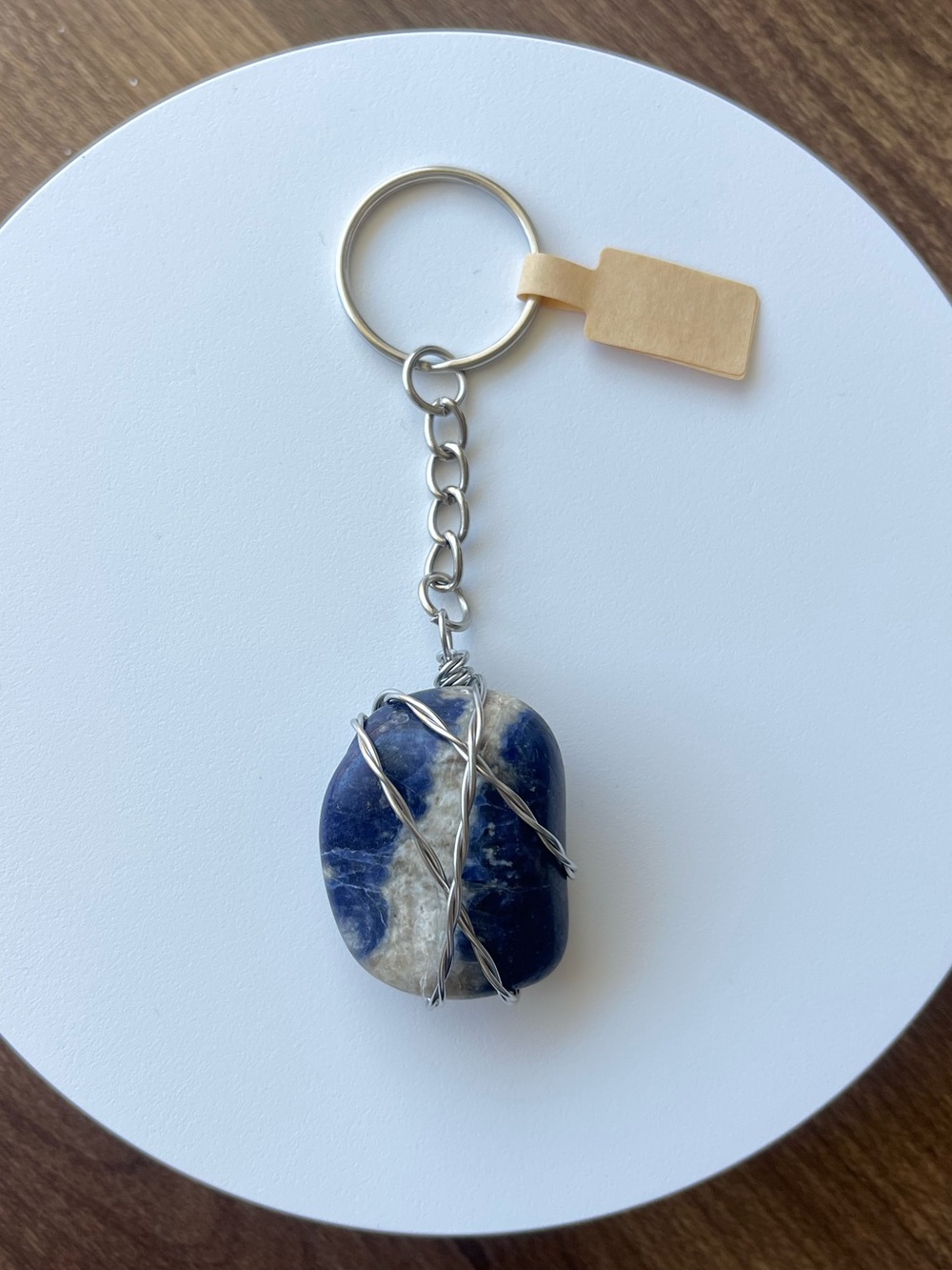 Blue Sodalite Keychain with Silver Stainless Steel Wire Wrap
